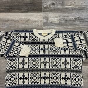 Vintage 90s St John's Bay Gray Blue Mens XL Geometric Chunky Patterned Sweater‎